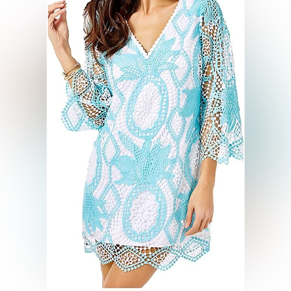 Lilly P bell sleeve crochet romper- Looks like a dress but Shorts underneath!
